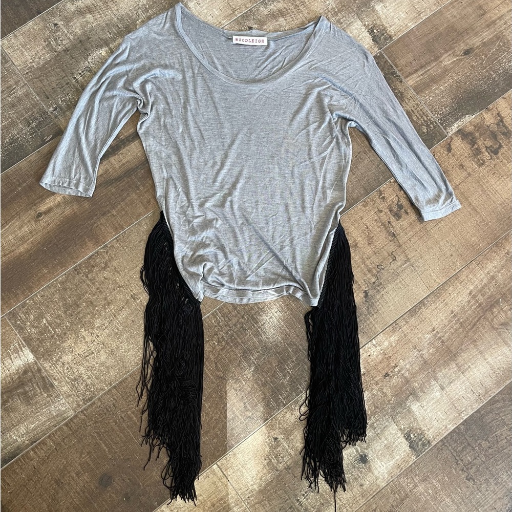 Woodleigh grey top with black fringe on sides size XS